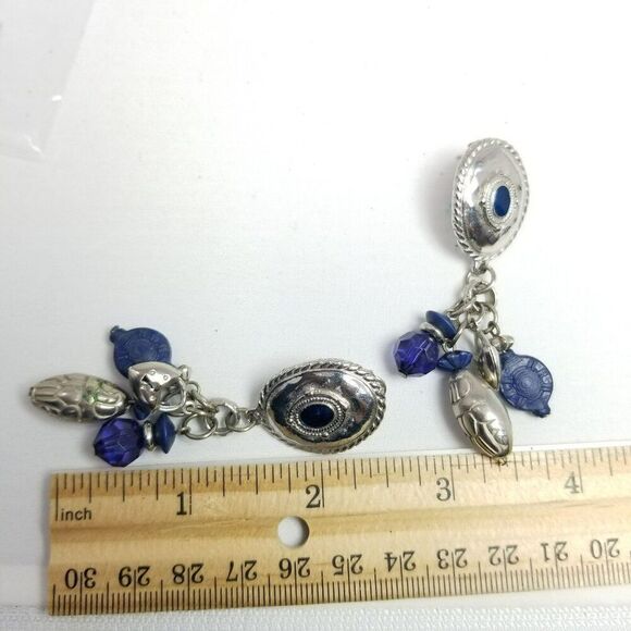Vintage Blue and Silver Tone Dangle Stud Earrings, Western 80s Style, Estate - Picture 4 of 6